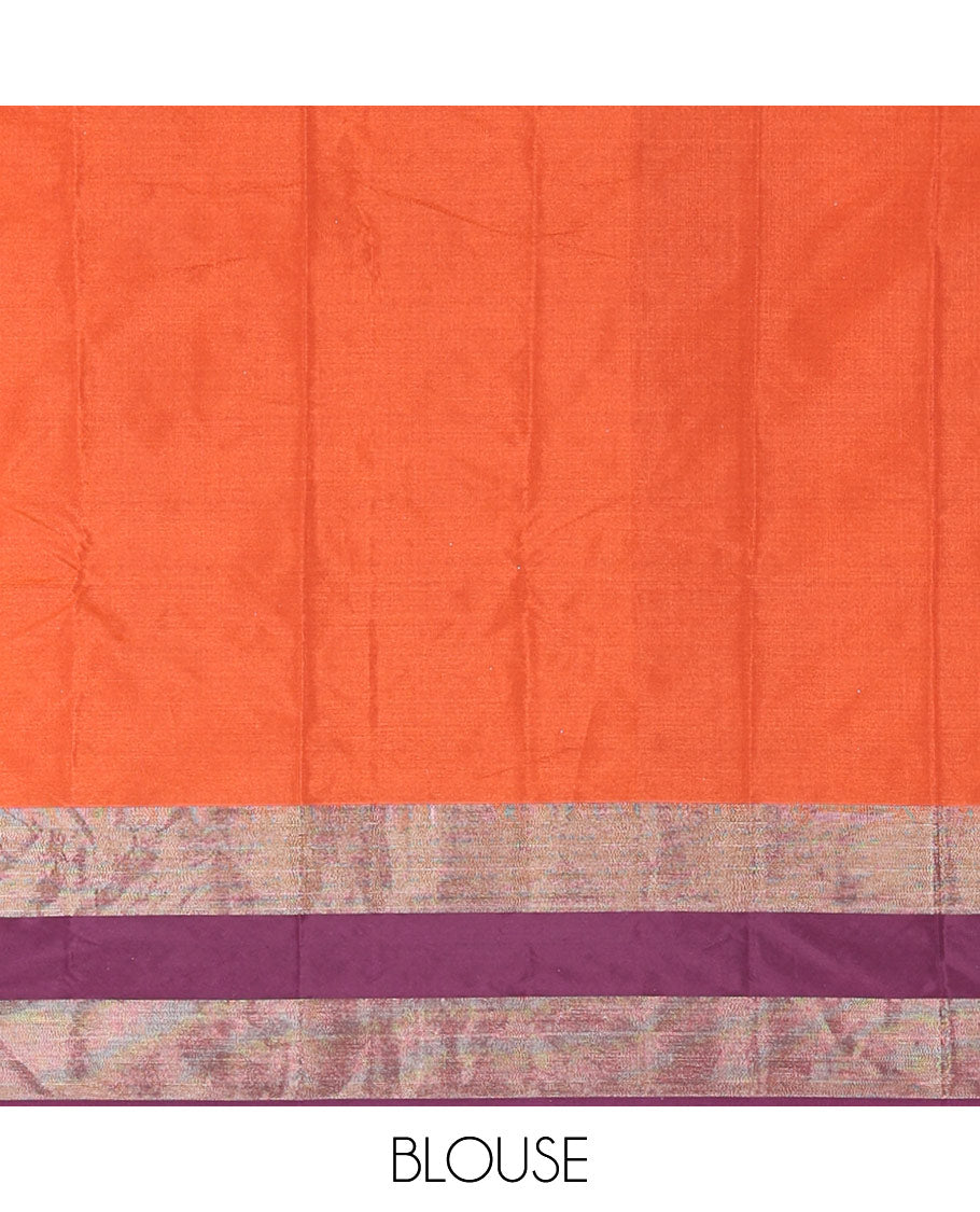 Rust orange plain semi-soft silk saree, contrast satin with copper zari border,  striped pallu, and a plain blouse
