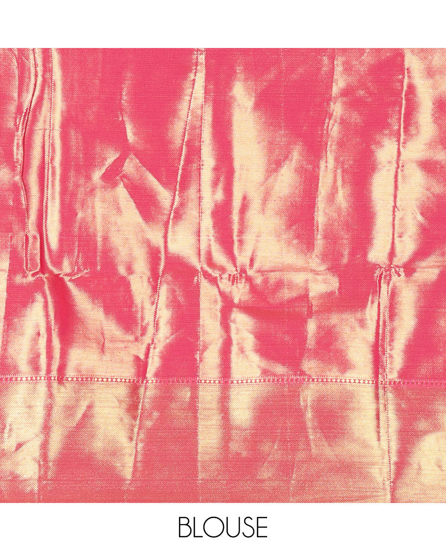 Rani Pink Tissue Saree Features Floral Jacquard Design Woven All Over Its Body, Features a Contrast Gleaming Zari Traditional Design Border, Zari-Enriched Pallu, and a Matching Blouse