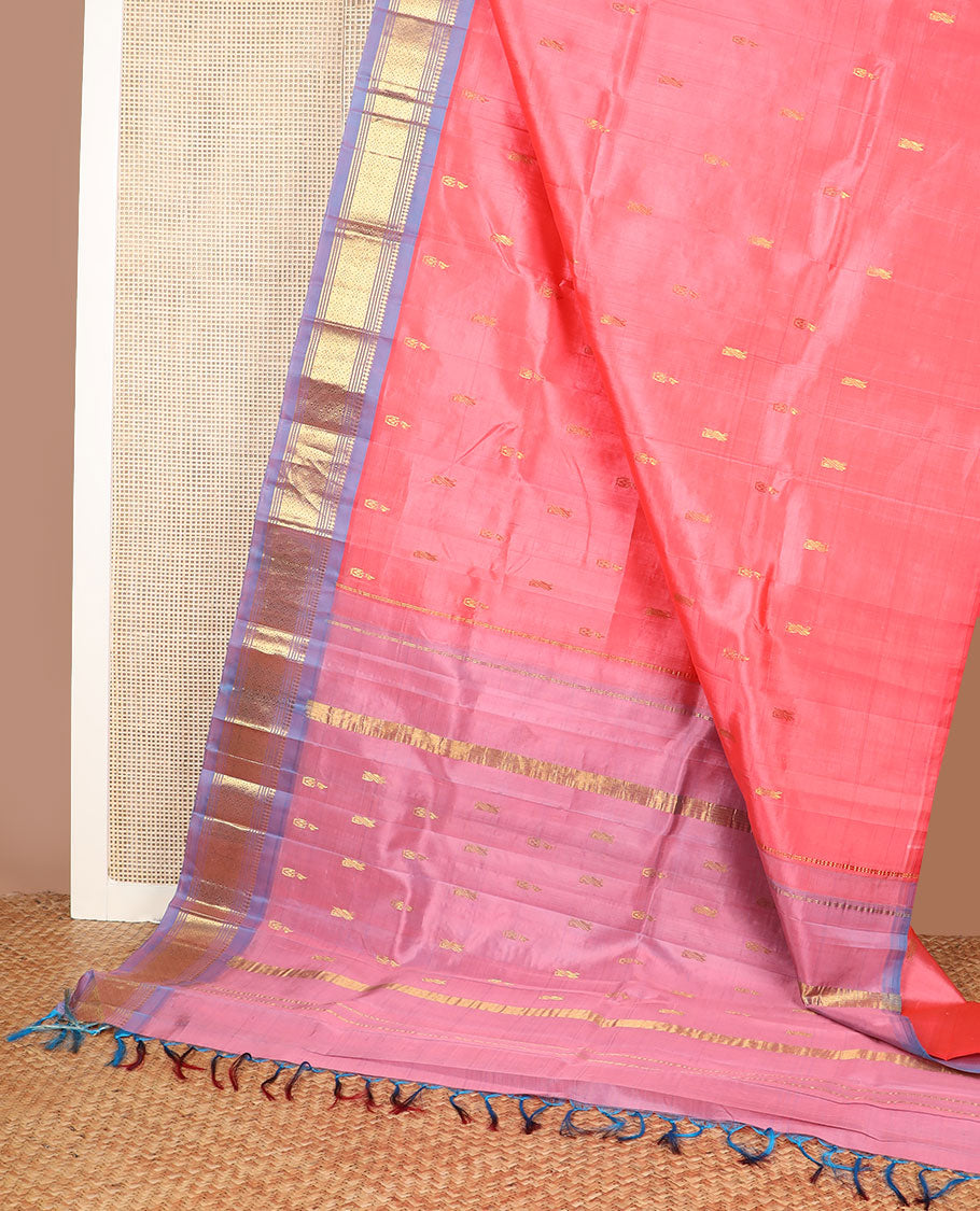 Pink zari buttas Kanchipuram silk saree, contrast one-sided border of paneer sombu,banaras,muthu & jaal & zari design pallu
