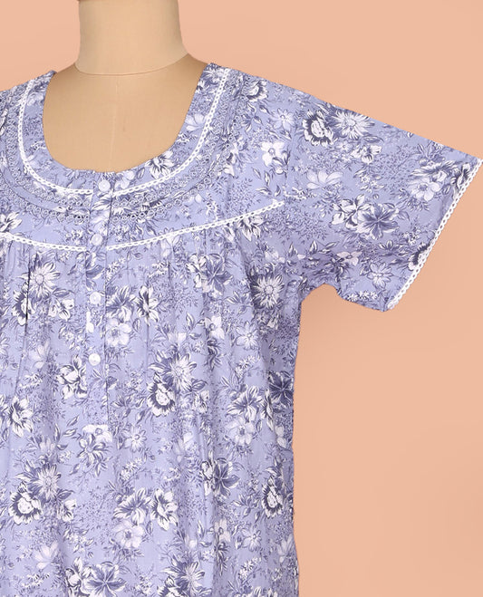 Grey Cotton Nighty Prettified with Floral Print, Featuring Lace Work, Round Front Neck, and Half  Sleeves