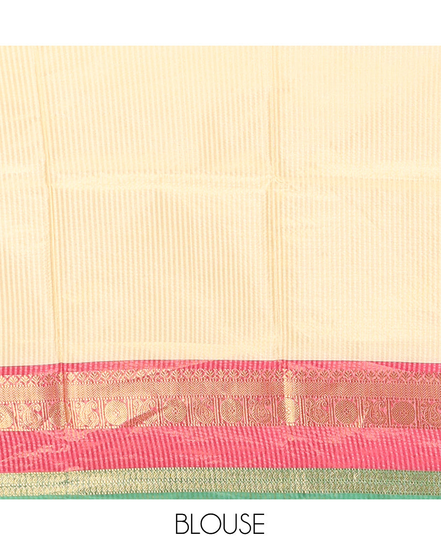 Chikku Plain Semi-Katan Silk Saree, Contrast Traditional Rettai Pettu Border, Striped Pallu, and a Matching Blouse