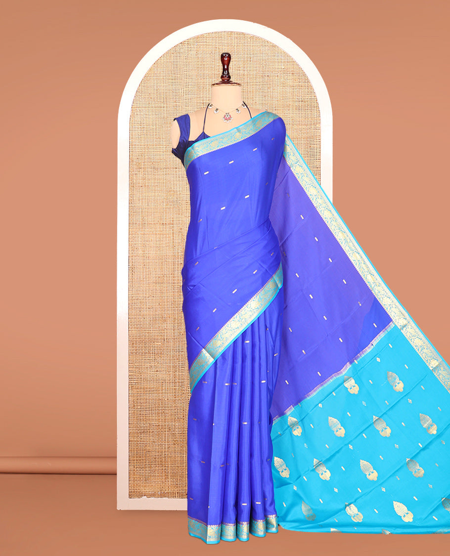 Royal Blue Zari Buttas Mysore Silk Saree, Complemented by a Contrast Floral Zari Border, Zari Design Pallu, and a Contrast Blouse