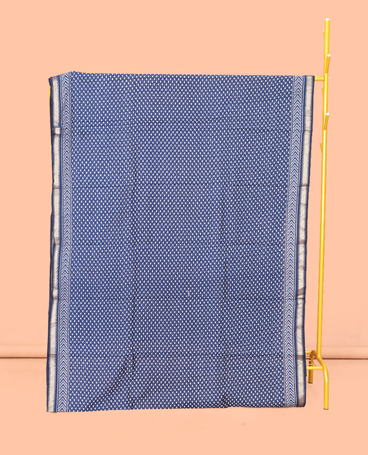 Blue Mul Mul Cotton Saree, Steeped with Triangle Buttas, a Piping Border, Geometric-Printed Pallu, and a Matching Blouse