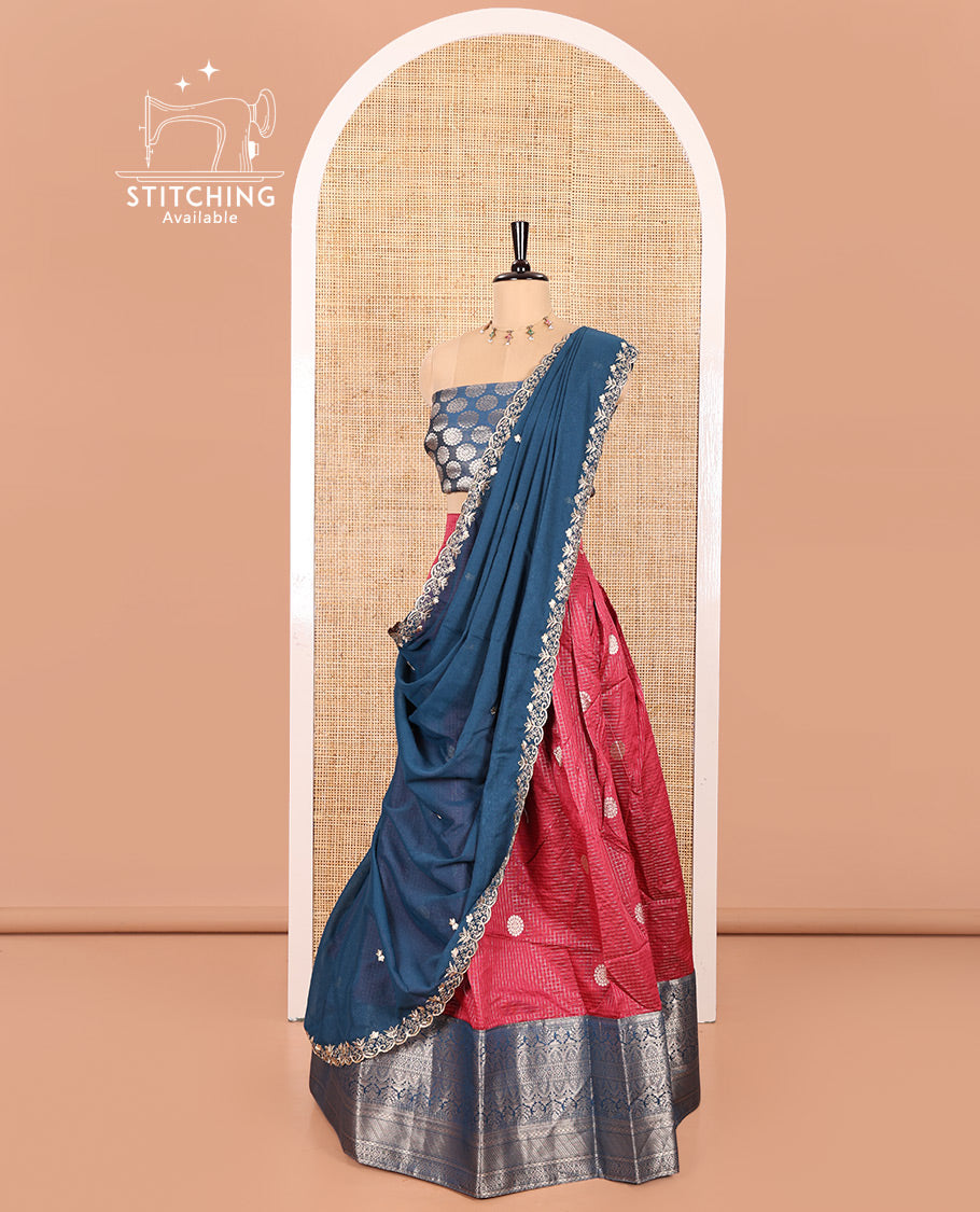 Rani Pink and Blue Banarasi Silk Half-Saree Featuring Micro-Checks and Chakram Buttas Woven Skirt, Complemented by Contrast Traditional Zari Design Border, Paired with a Jacquard Blouse, and a Rangoli Georgette Embroidered Dhavani
