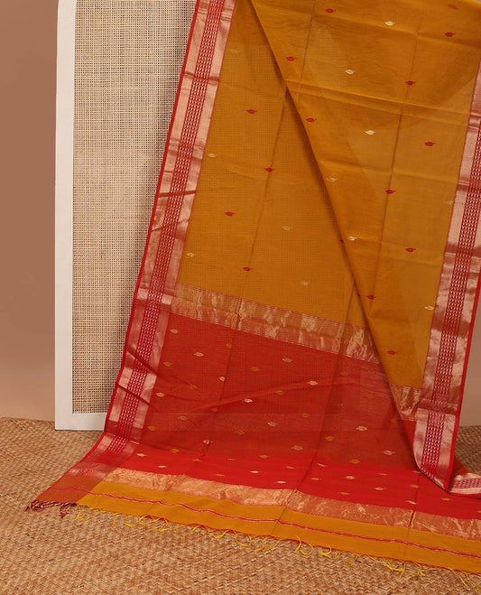 Brown leaf motifs maheshwari cotton saree with contrast zari design border & leaf motifs pallu