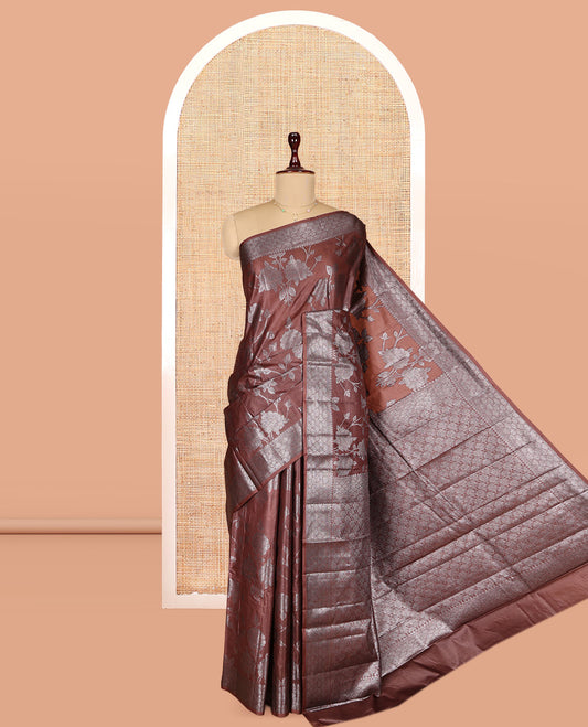 Brown Tusser Silk Saree Features Floral Vine Design, a Zari Border, Grand Pallu, and a Matching Blouse