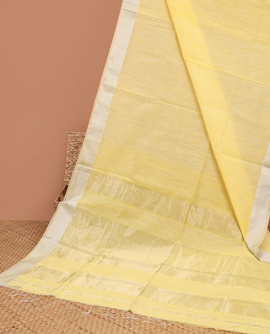 Yellow maheshwari cotton saree with contrast zari border & striped zari pallu