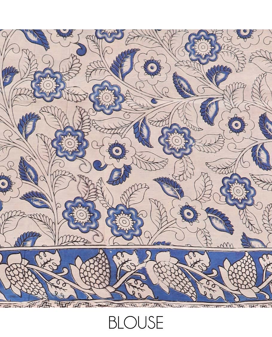 Redf loral design machine printed kalamkari cotton saree with contrast floral border & intricate design pallu