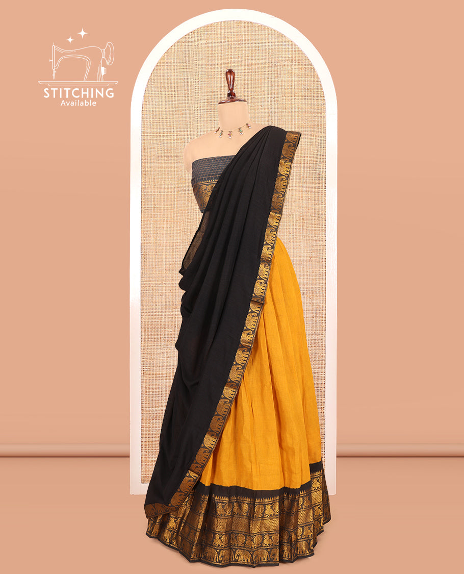 Mustard-Black Sungudi Cotton Half-Saree, Plain Skirt, Contrast Elephant-Peacock Border, Contrast Blouse, Contrast Elephant Motif Dhavani