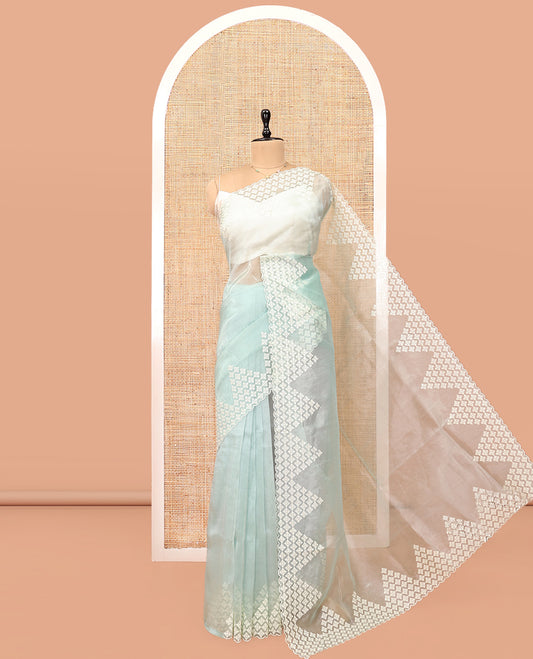 Pale Blue Plain Organza Saree, Highlighted by Scallop Embroidery Border, and Matching Blouse