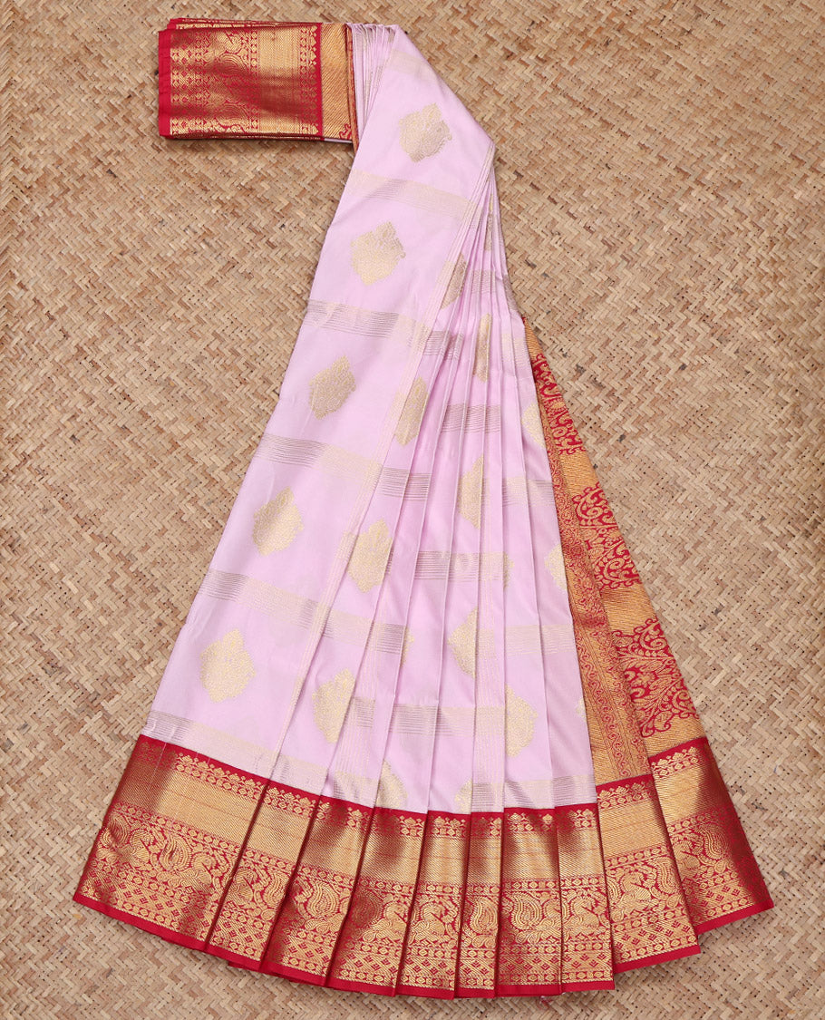 Baby Pink Budget Silk Saree, Subtly Enriched with Zari Buttas Enclosed Checks All Over Its Body, Complemented by a Contrast Traditional Zari Border of Peacock Designs, Pallu of Mughal-Style Intricate Designs, and Paired with a Contrast Blouse
