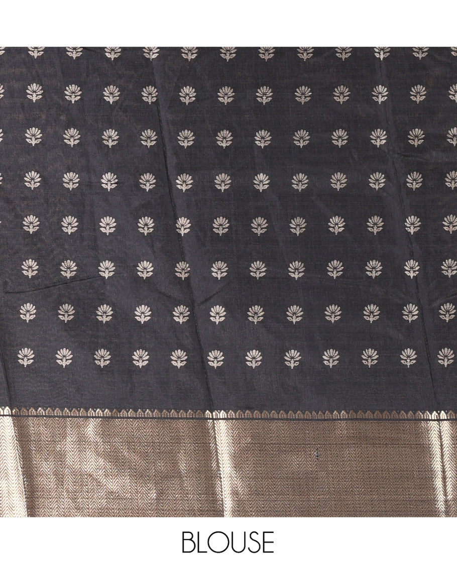 Black Dola Silk Saree, Embellished with Kalamkari-Style Peacock and Human Motifs Printed on Its Body, Highlighted by a Traditional Zari Design Border, a Self-Printed Pallu, and Paired with a Matching Blouse