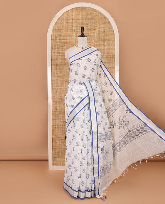 White-blue flying bird motifs printed linen saree, silver bavanji border, printed pallu & plain blouse