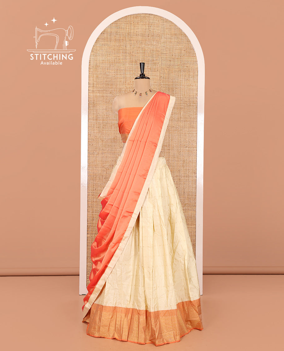 Cream-Orange Taffeta Silk Half-Saree Featuring Buttas Skirt, Contrast Border, Contrast Blouse, Contrast Plain Dhavani