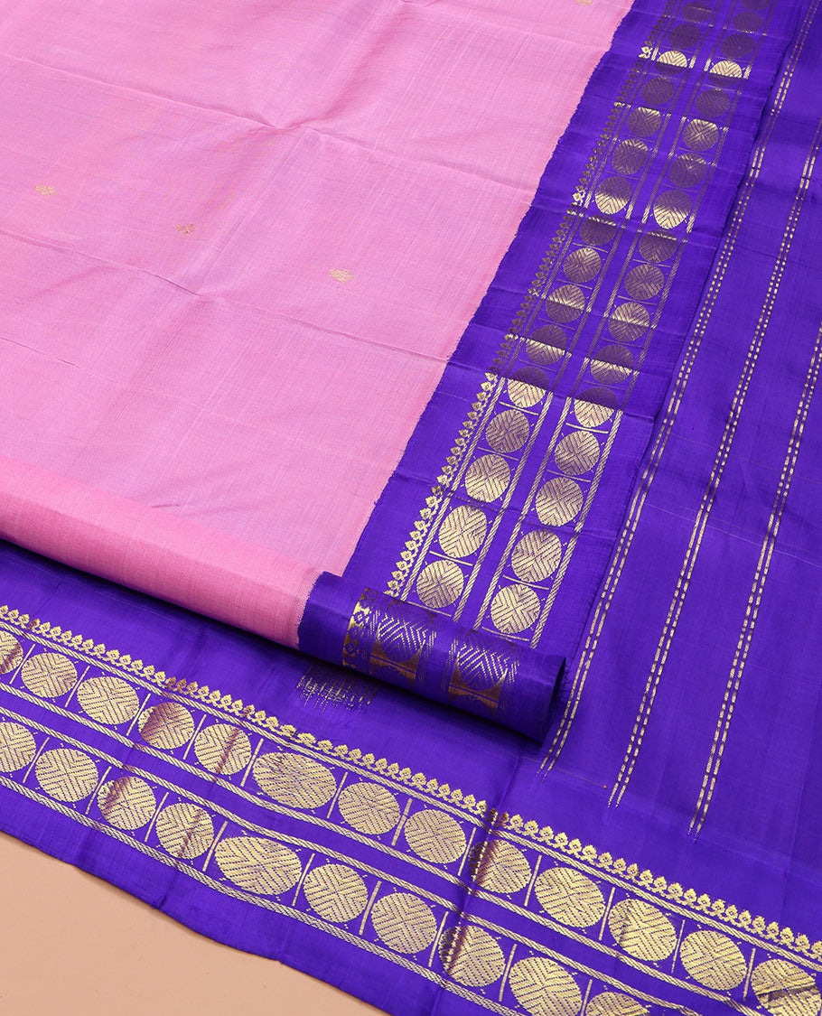 Rosemilk Pink Kanchipuram Silk Saree, Graced with Zari Buttas on Its Body, Complemented by a Contrast One-Sided Korvai Border of Thilakam Mokku, Banaras, and Poun Designs, Pallu of Zari Designs, and Comes Without a Blouse