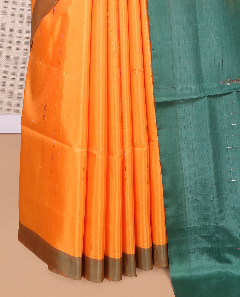 Orange Banana Pith Saree, Sparsely Threaded with Buttas, a Contrast Border, Pallu of Stripes, and a Contrast Blouse
