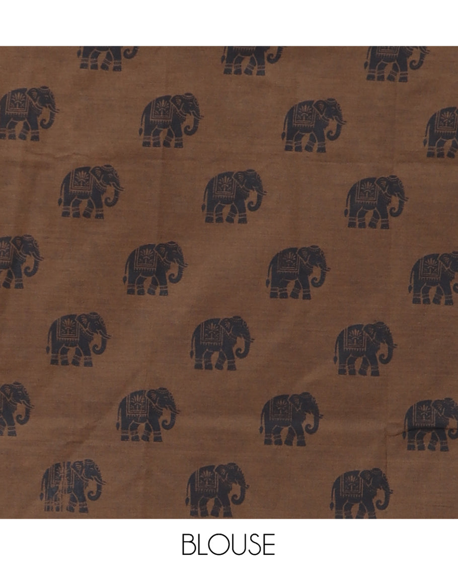 Brown South Cotton Saree Features Leaf and Elephant Motifs Print, a Subtle Printed Border, and a Matching Blouse