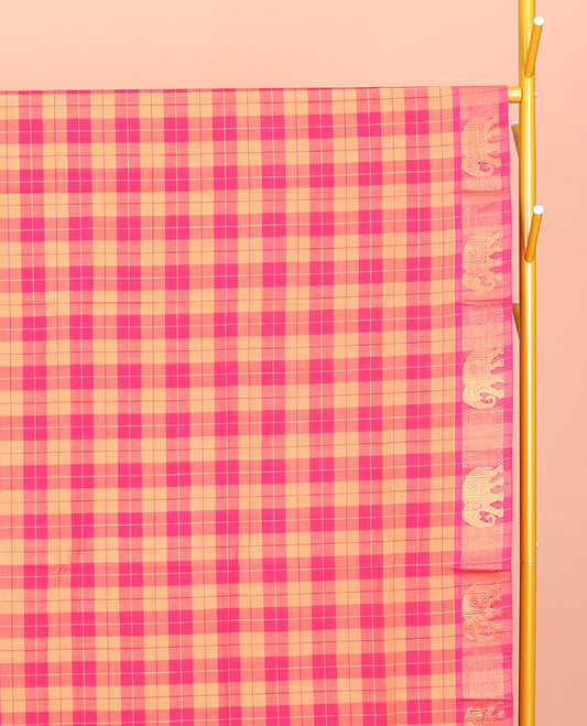 Yellow-Pink Chettinad Cotton Saree, Delicately Woven with Checks, Highlighted by Elephant Motifs Zari Border, Pallu of Stripes, and No Blouse