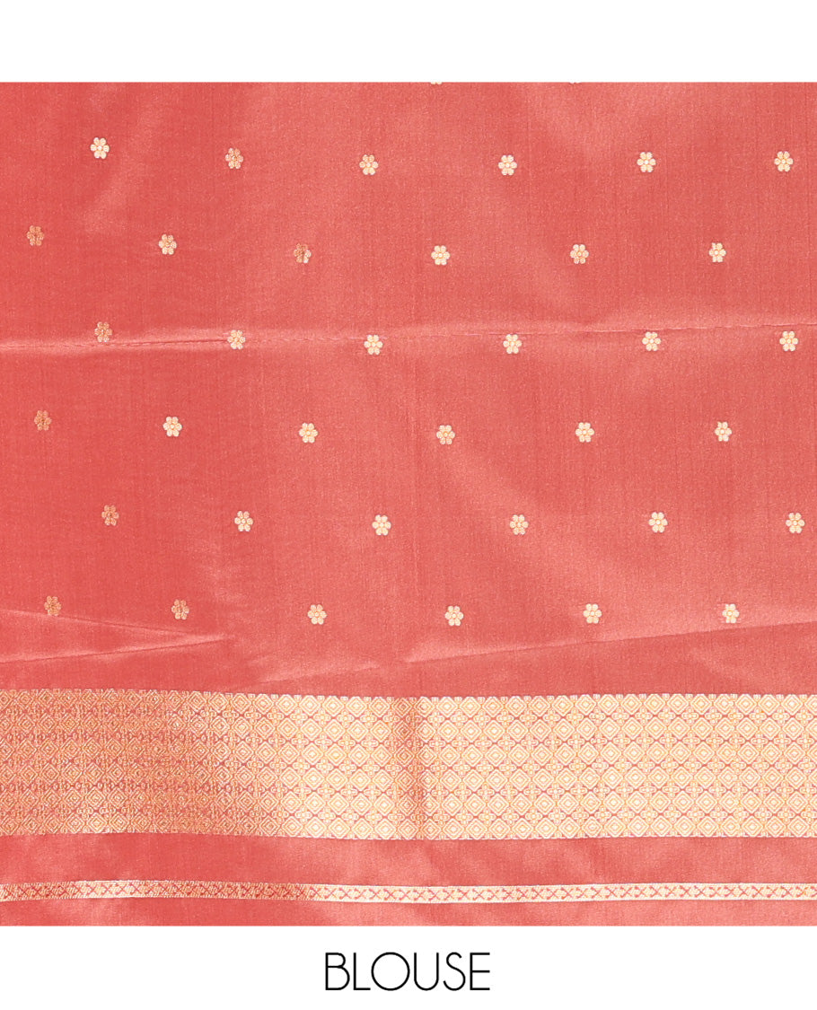 Rust Satin Silk Saree, Adorned with Flora-Fauna Buttas, Tree-Bird Border, Intricate Pallu, Matching Blouse