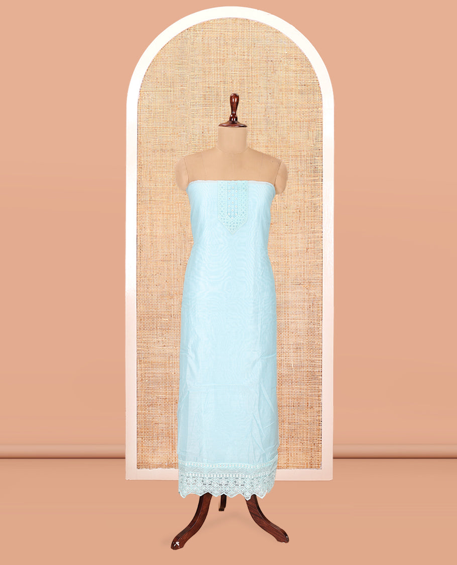 Blue Mul Chanderi Material Chudiddar, Embroidered Top, Plain Bottom, Zari Striped Dupatta