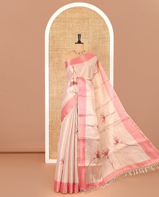 Cream mordern pink floral motifs printed tissue saree, contrast plain border, floral printed pallu, and a contrast plain blouse