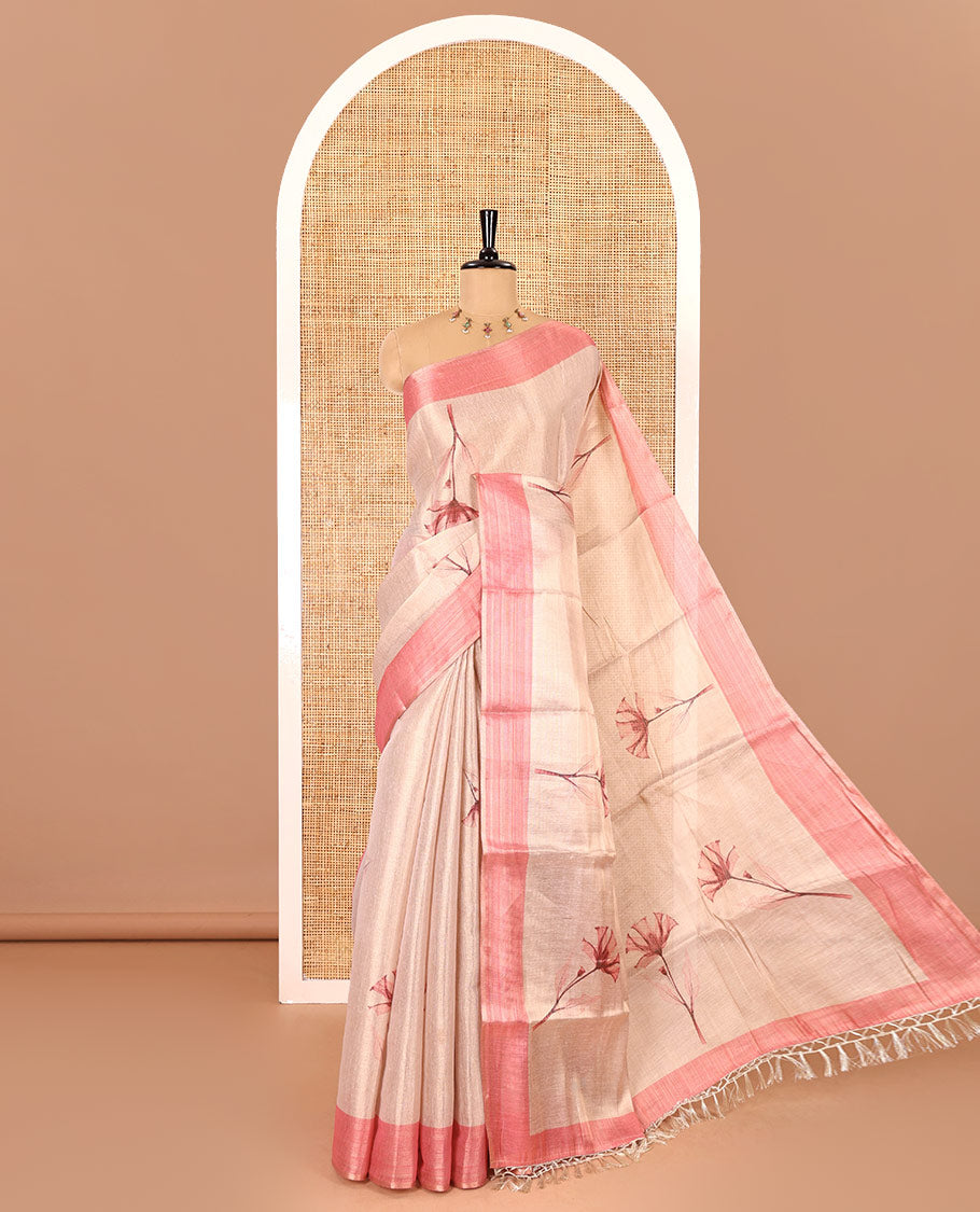 Cream mordern pink floral motifs printed tissue saree, contrast plain border, floral printed pallu, and a contrast plain blouse