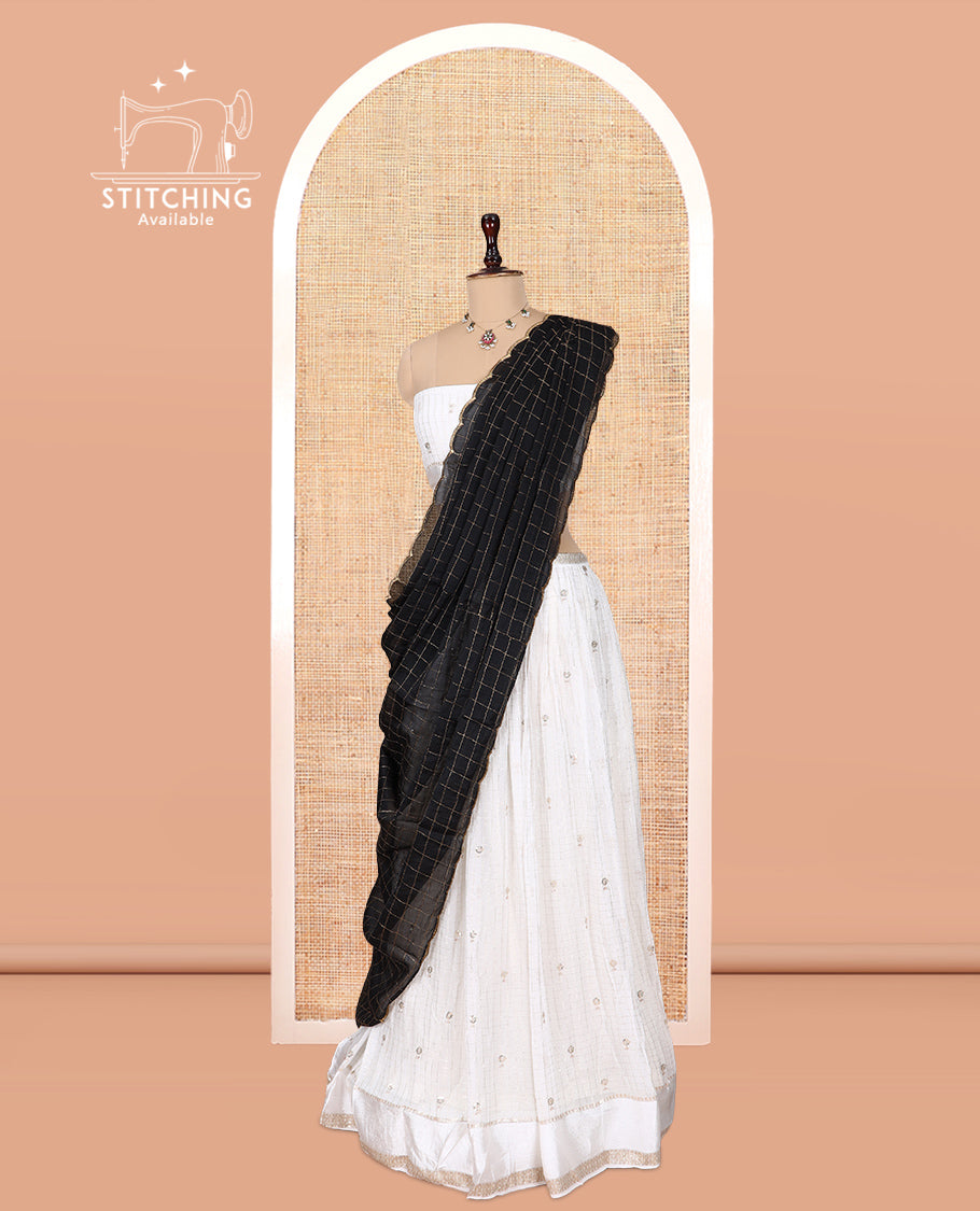 Cream-Black Viscose Georgette Half-Saree, Buttas Skirt, Matching Blouse, Contrast Checked Dhavani