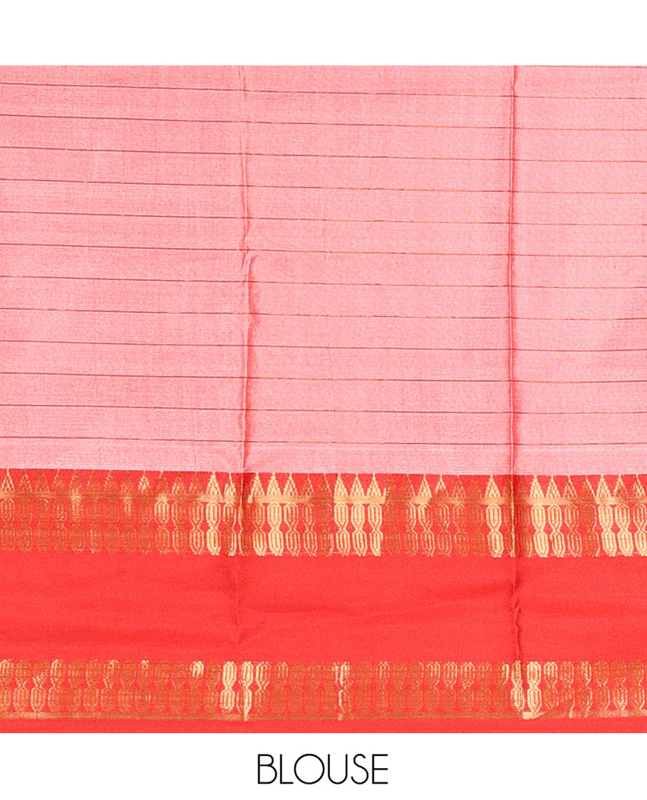Cream-Red Checked Art Soft Silk Saree, Complemented by Contrast Traditional Retai Pettu Border, Striped Pallu, and a Contrast Blouse