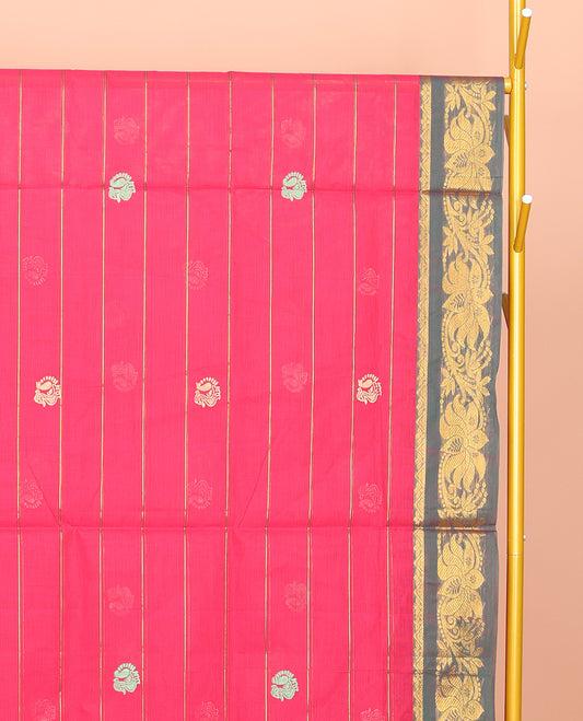 Pink Venkatagiri Cotton Saree Features Buttas and Stripes, a Contrast Floral Creeper Zari Border, Pallu of Buttas and Stripes, and No Blouse