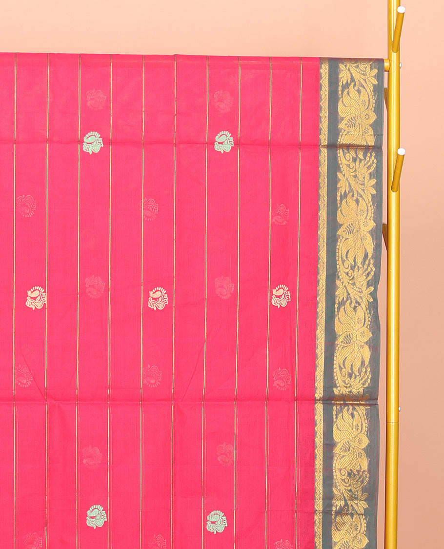Pink Venkatagiri Cotton Saree Features Buttas and Stripes, a Contrast Floral Creeper Zari Border, Pallu of Buttas and Stripes, and No Blouse
