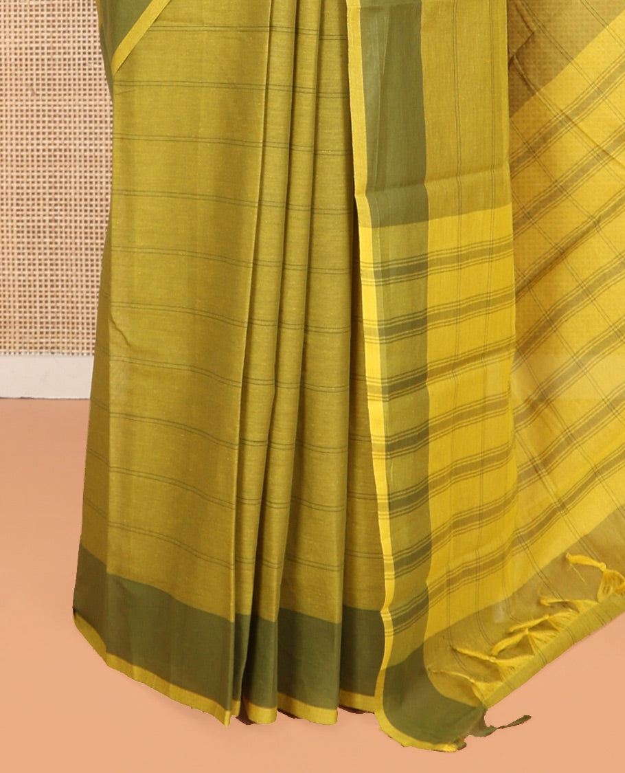 Green Striped Andhra Cotton Saree, Complemented by a Contrast Border, Striped Pallu, and a Matching Blouse