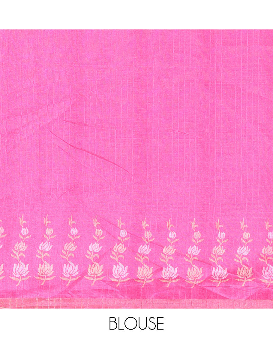 Off-White floral buttas katan silk saree, contrast floral motifs border, pallu adorned with floral designs, and a contrast lotus flower printed blouse