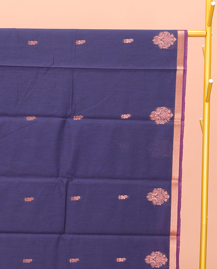 Blue Semi-Silk Cotton Saree, Enlivened with Zari Buttas All Over Its Body, Complemented by a Subtle Piping Zari Border, Pallu of Butta Enclosed Checked Designs, and Paired with a Contrast Blouse