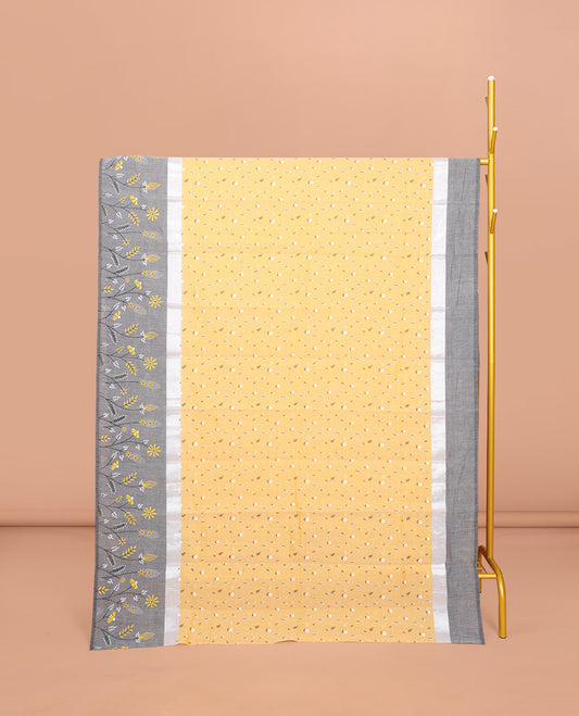 Yellow Chirala Cotton Saree, Steeped with Buttas, a Contrast Floral Border, Printed Pallu, and a Contrast Blouse