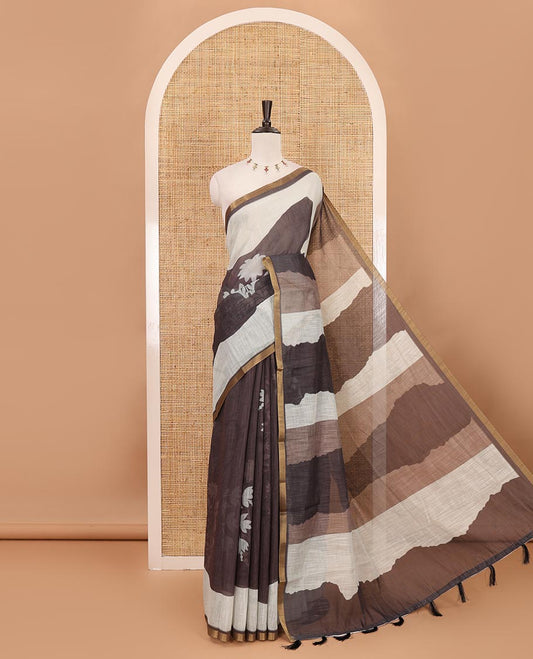 Multi-color abstract-style floral printed linen saree, zari border, printed pallu & unique butta printed blouse