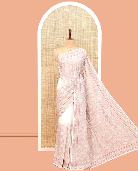 Off-white Designer Saree, Lightly Embellished with Floral-Paisley Embroidery, a Embroidered Border, and a Matching Blouse