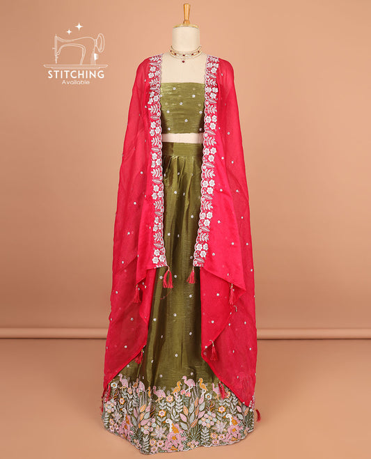 Green floral motifs thread embroidery half saree with self floral embroidery border , floral motifs blouse & floral embroidery scallop border dhavani