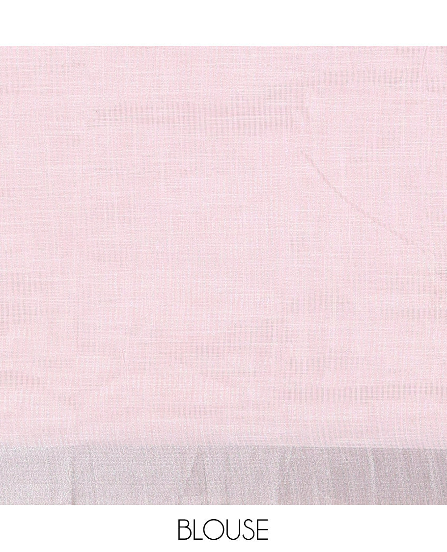 Baby Pink Plain Linen-Cotton Saree, a Zari Border, Striped Pallu, and a Matching Blouse