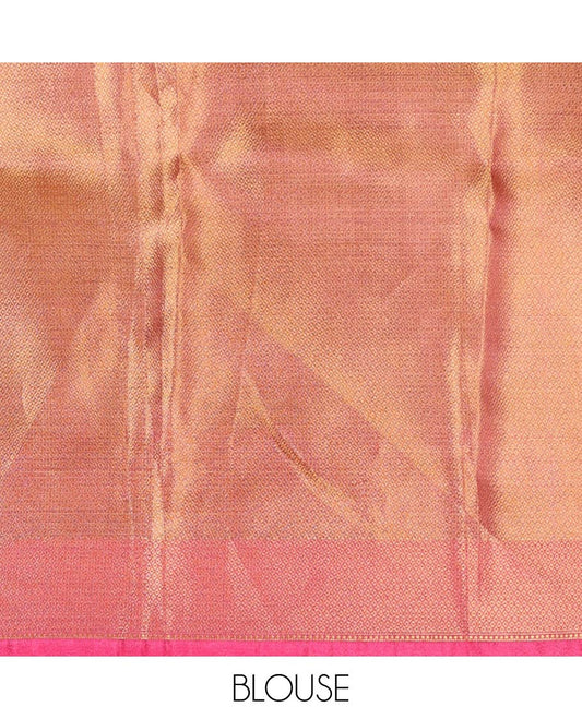 Gold pink jaal design tissue celebrity saree with zari border & brocade rich pallu along with brocade blouse