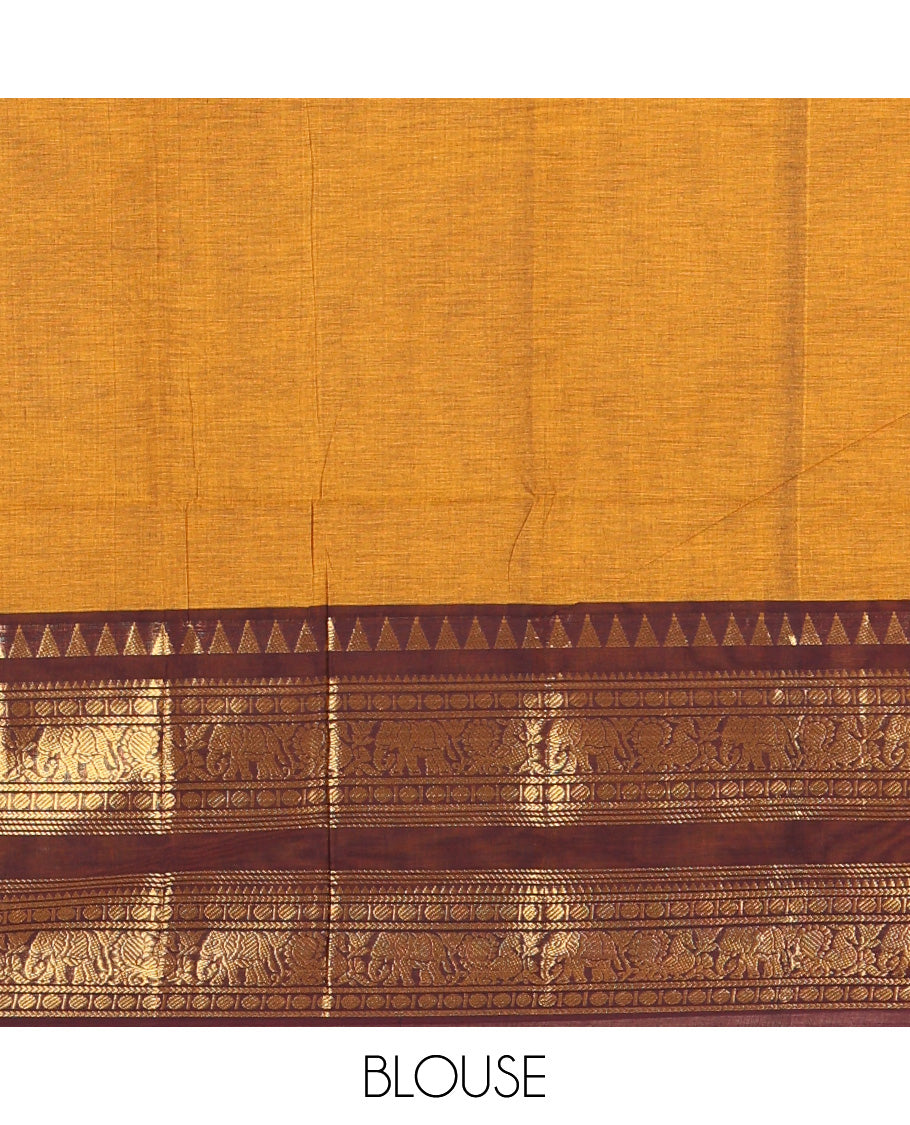 Mustard Plain Chettinad Cotton Saree, Complemented by a Contrast Rettai Pettu Zari Maroon Border of Temple, Coin, Elephant, and Peacock Designs, Subtly Striped Pallu, and Paired with a Matching Blouse