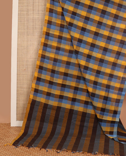 Borderless Multi-color checked mangalgiri cotton saree with striped pallu