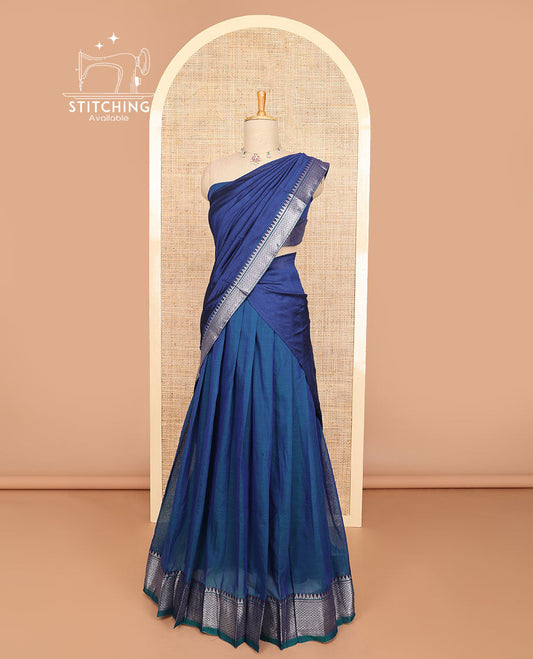 Blue cotton half saree with self zari design border, zari design blouse & plain, temple, checked design border dhavani