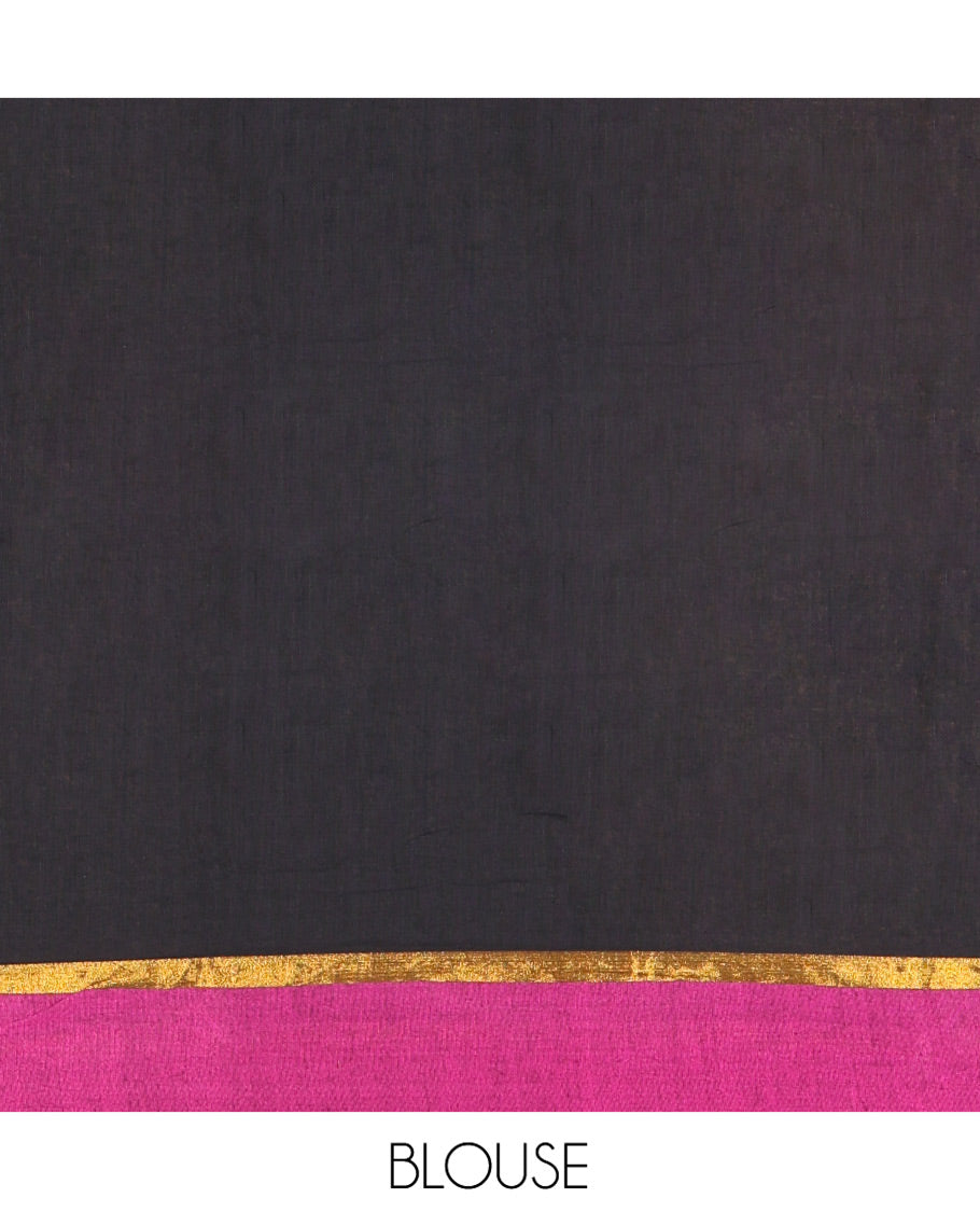 Black Plain Khadi Mul Cotton Saree, Complemented by Contrast Zari Striped Border, Plain Pallu, and Paired with a Matching Blouse