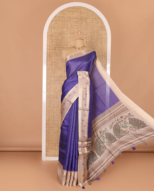 Violet gold zari checked katan silk saree with contrast traditional zari border of peacock print, peacock printed pallu, and contrast printed blouse