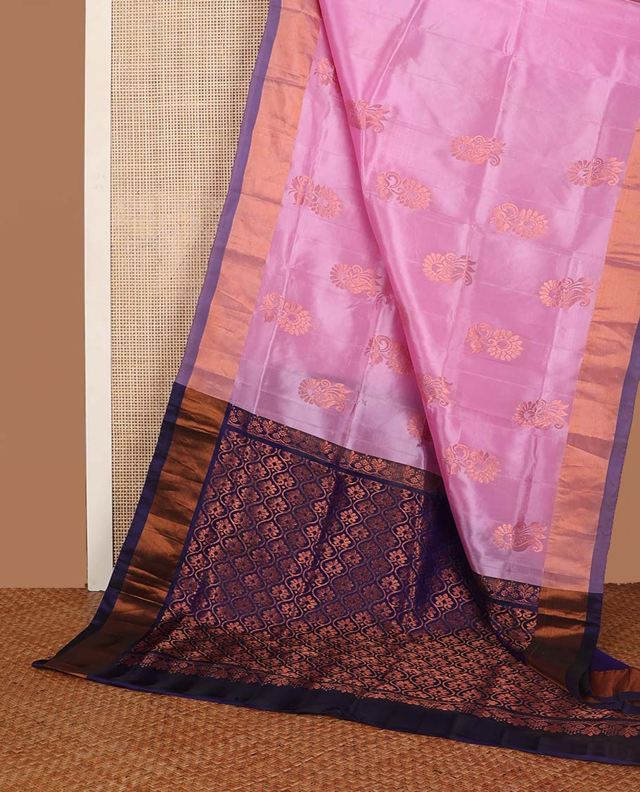 Light pink floral motifs uppada saree with contrast zari border & ogee design pallu