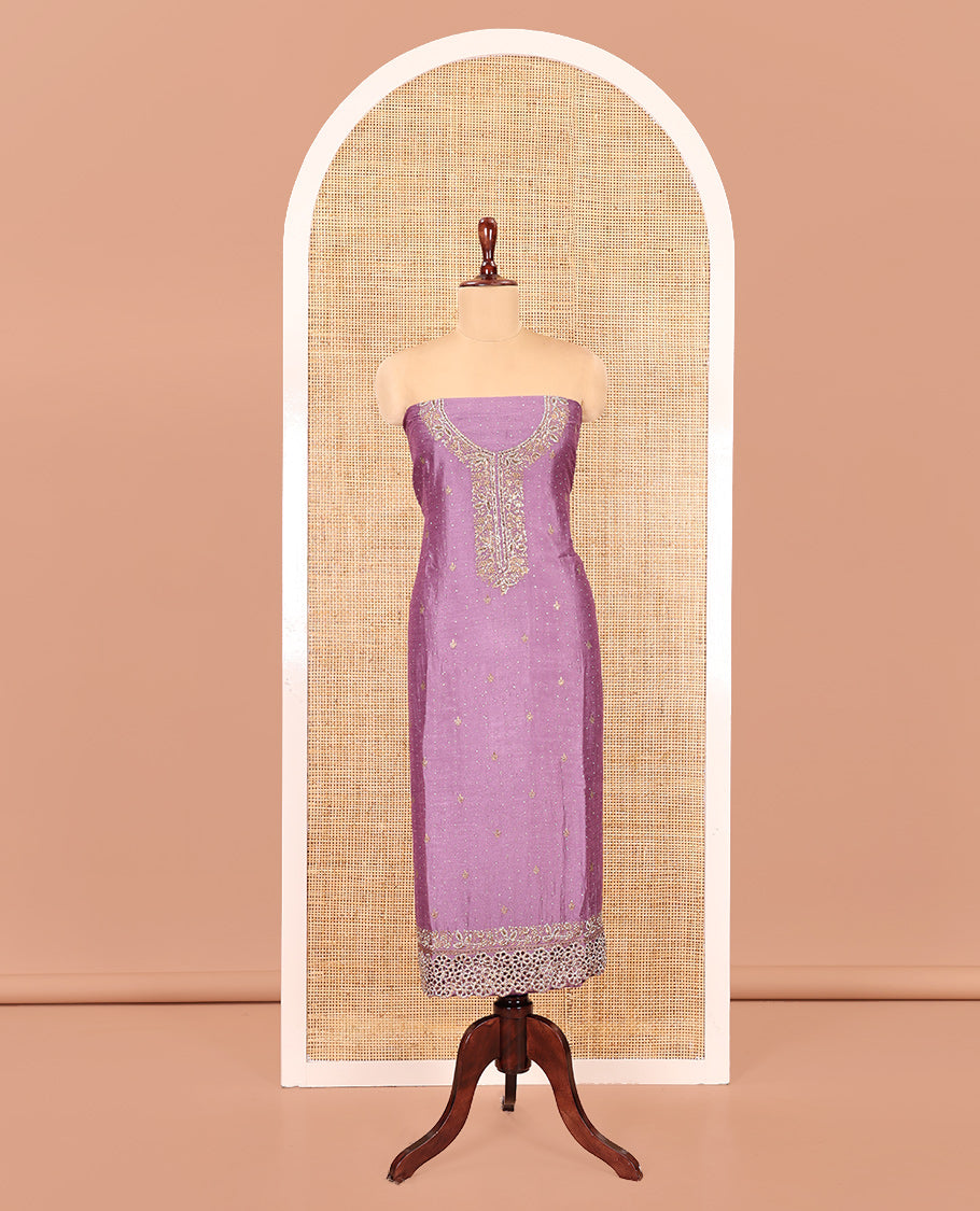 Lavender Vichitra Silk Material Chudidar, Embroidered and Cut-work Top, Santoon Bottom, and an Embroidered Dupatta
