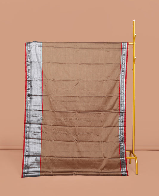 Brown Plain Narayanpet Cotton Saree, Complemented by a Contrast Traditional Zari Design Border, Striped Pallu, and Comes Without a Blouse