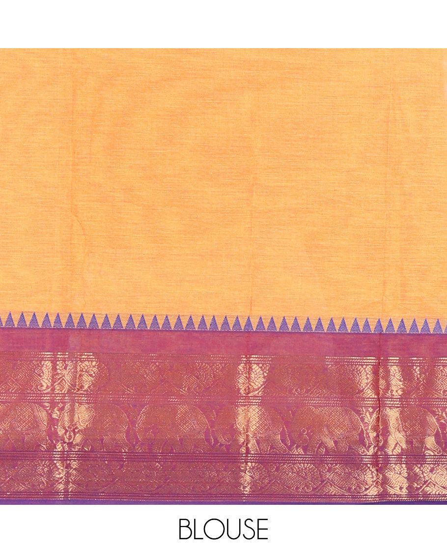 Orange Plain Chettinad Cotton Saree, Complemented by a Captivating Contrast Traditional Temple Border of Peacock-Elephant Designs, Subtly Striped Pallu, and Paired with a Matching Blouse