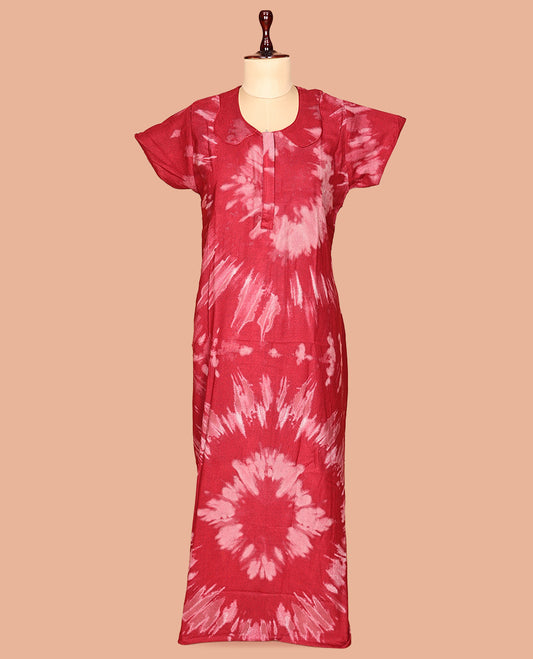 Red Collar Neck Cotton-Blended Nighty