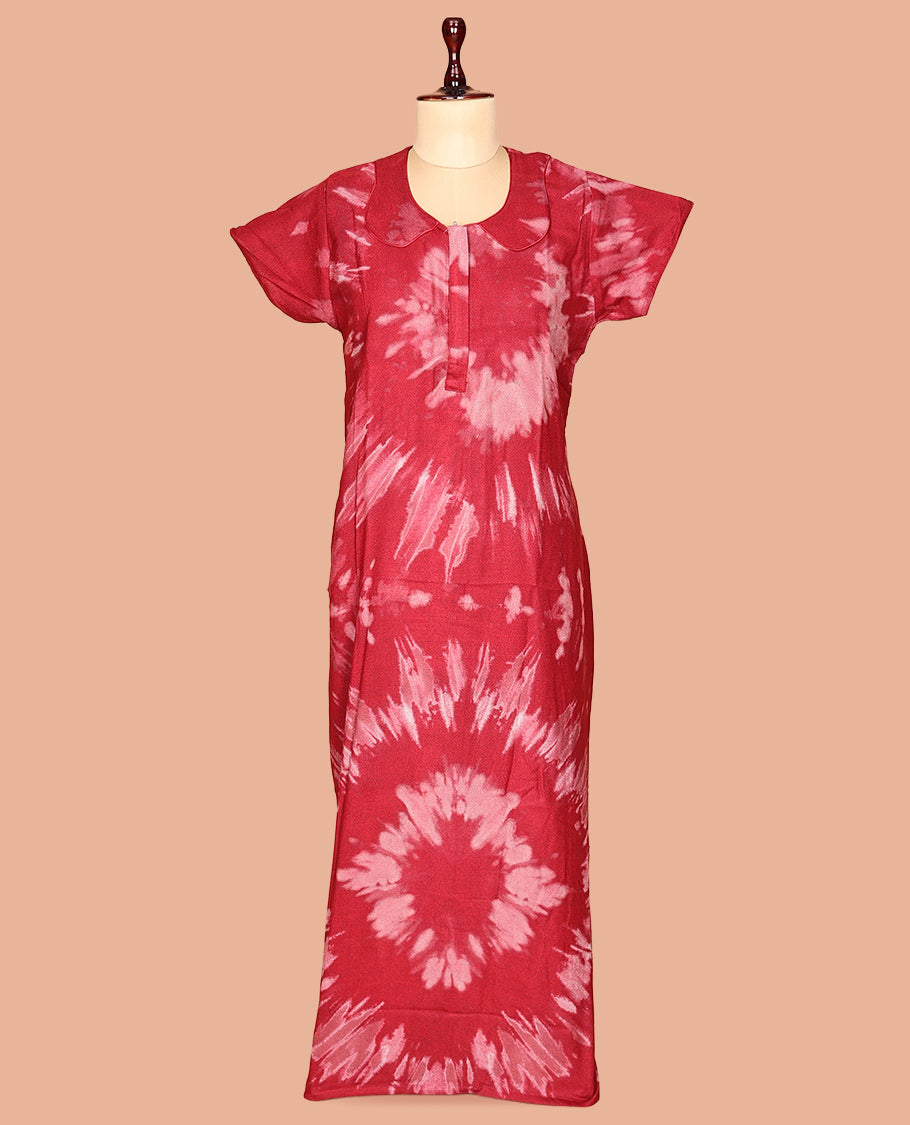 Red Collar Neck Cotton-Blended Nighty
